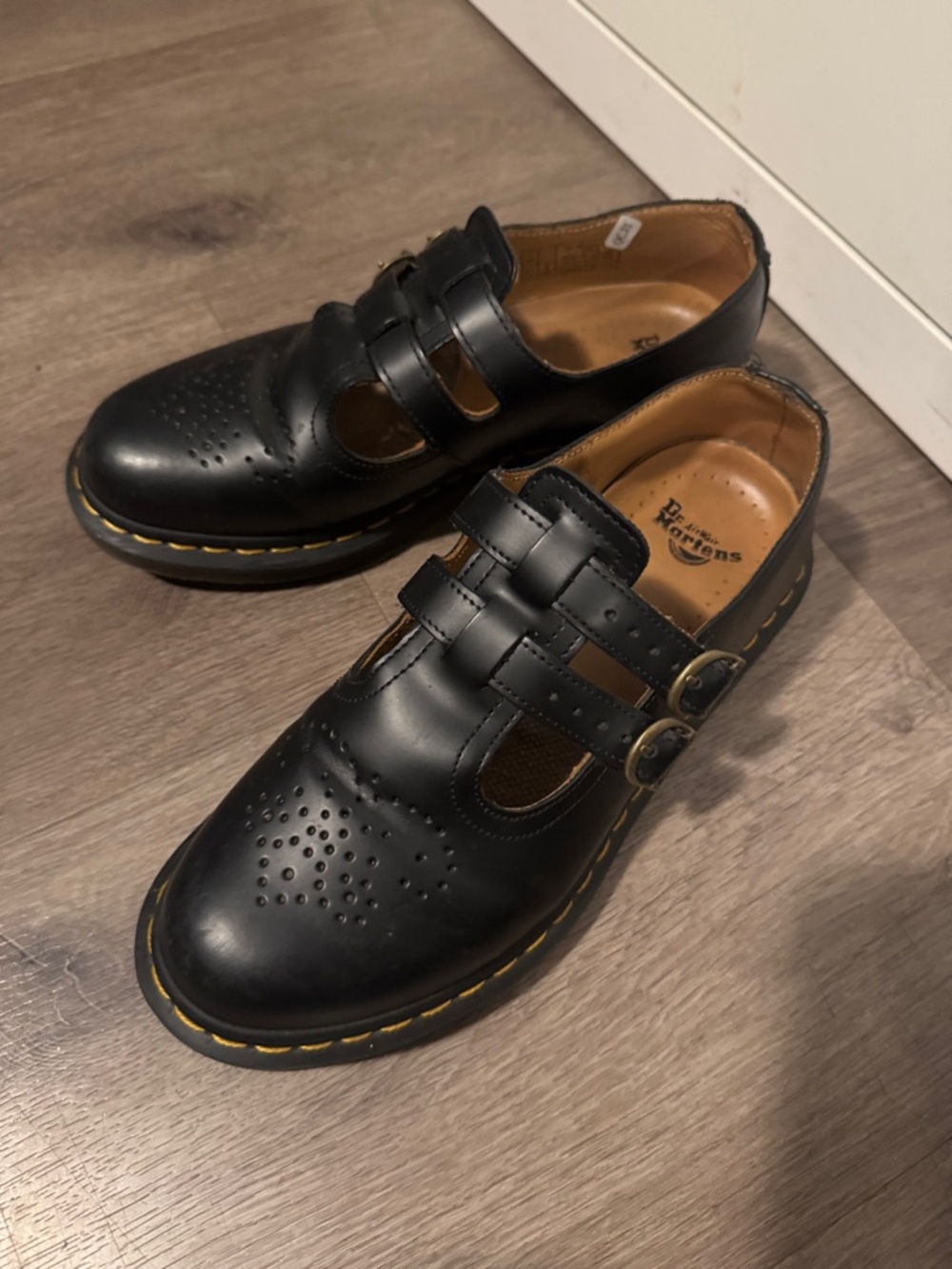 Dr. Martens 8065 Black Double-Buckle Mary Jane Loafers with Yellow Stitching